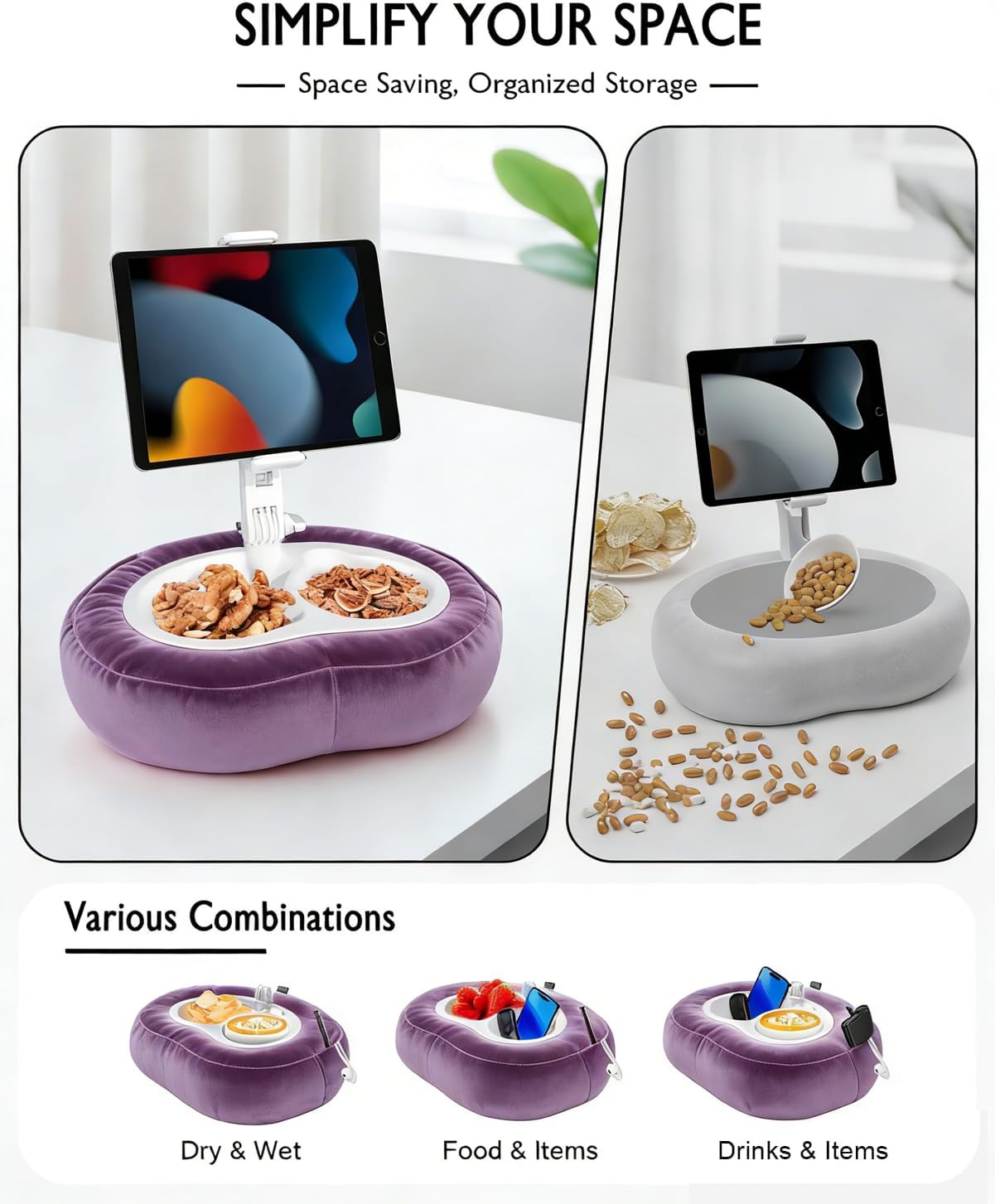 Miledi Tablet Pillow Stand, Compatible with 4.7"-12.9" Kindle, iPad, Phone/Tablet, 360° Rotating Phone Holder for Bed, Detachable Bowl, Reading and Relaxation on Bed (Purple)