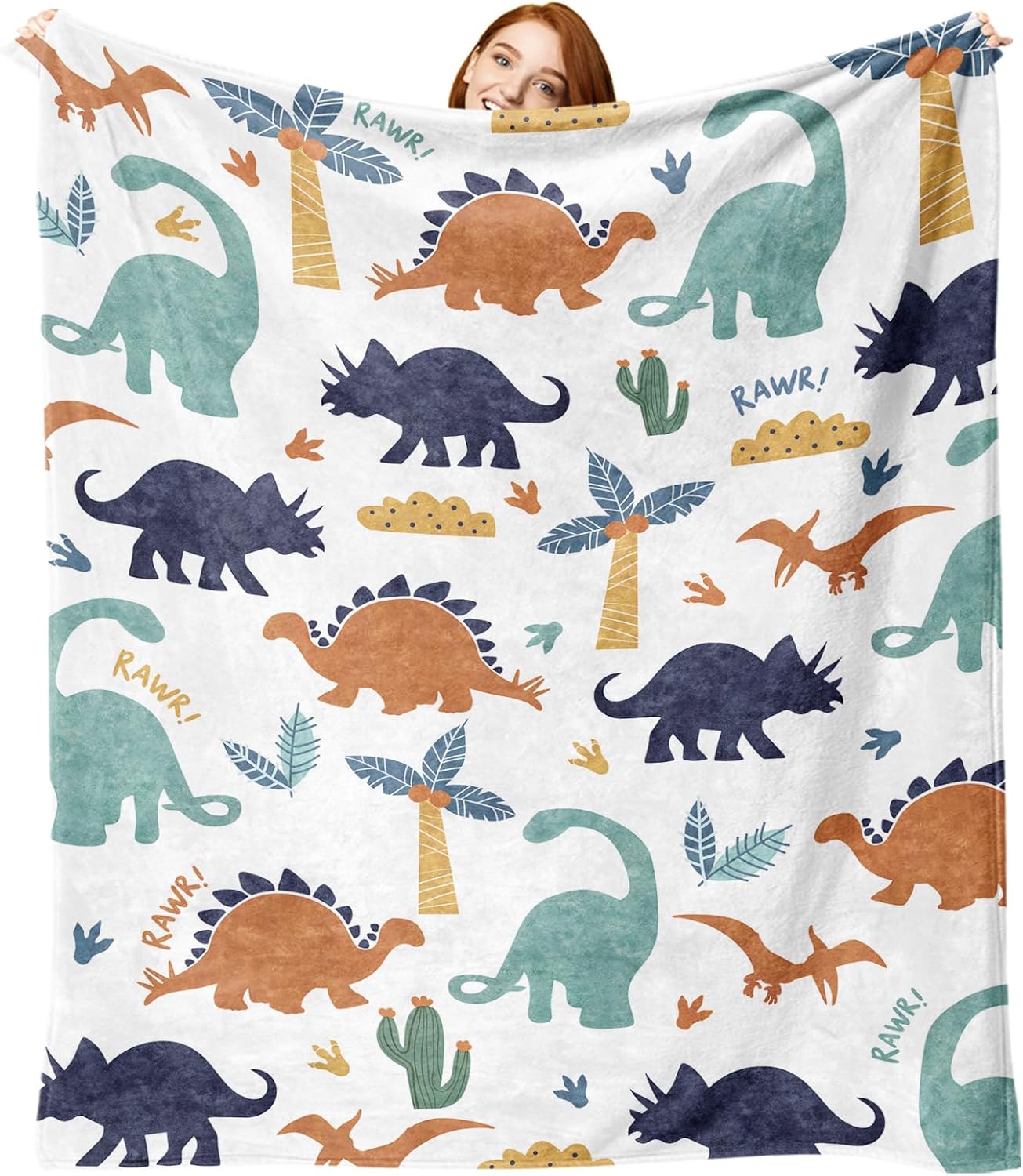 Dinosaur Flannel Throw Blanket for Boys Girls Kids, Dino Rawr Tropical Plant Birthday for Baby Toddler Child Age 1-14 Years Old Teens, White Blanket for Bedding Sofa 50 x 60 in