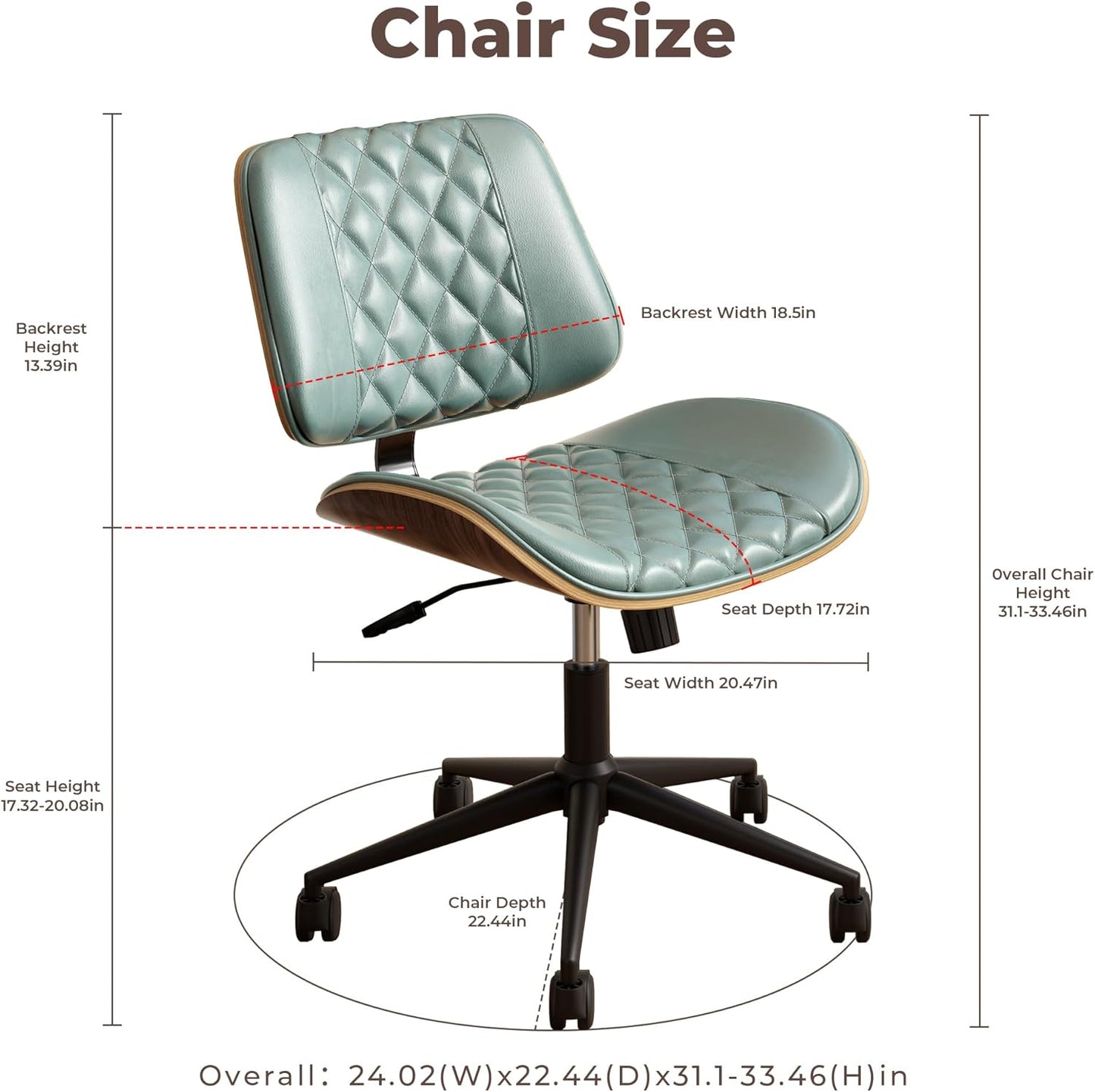 Home Office Chair No Arms with Wheels, Armless Adjustable Height Small Desk Chair, Armless PU Leather Computer Chair Mid Back 360 Swivel, Modern Walnut, Reading Meeting Room (Green)