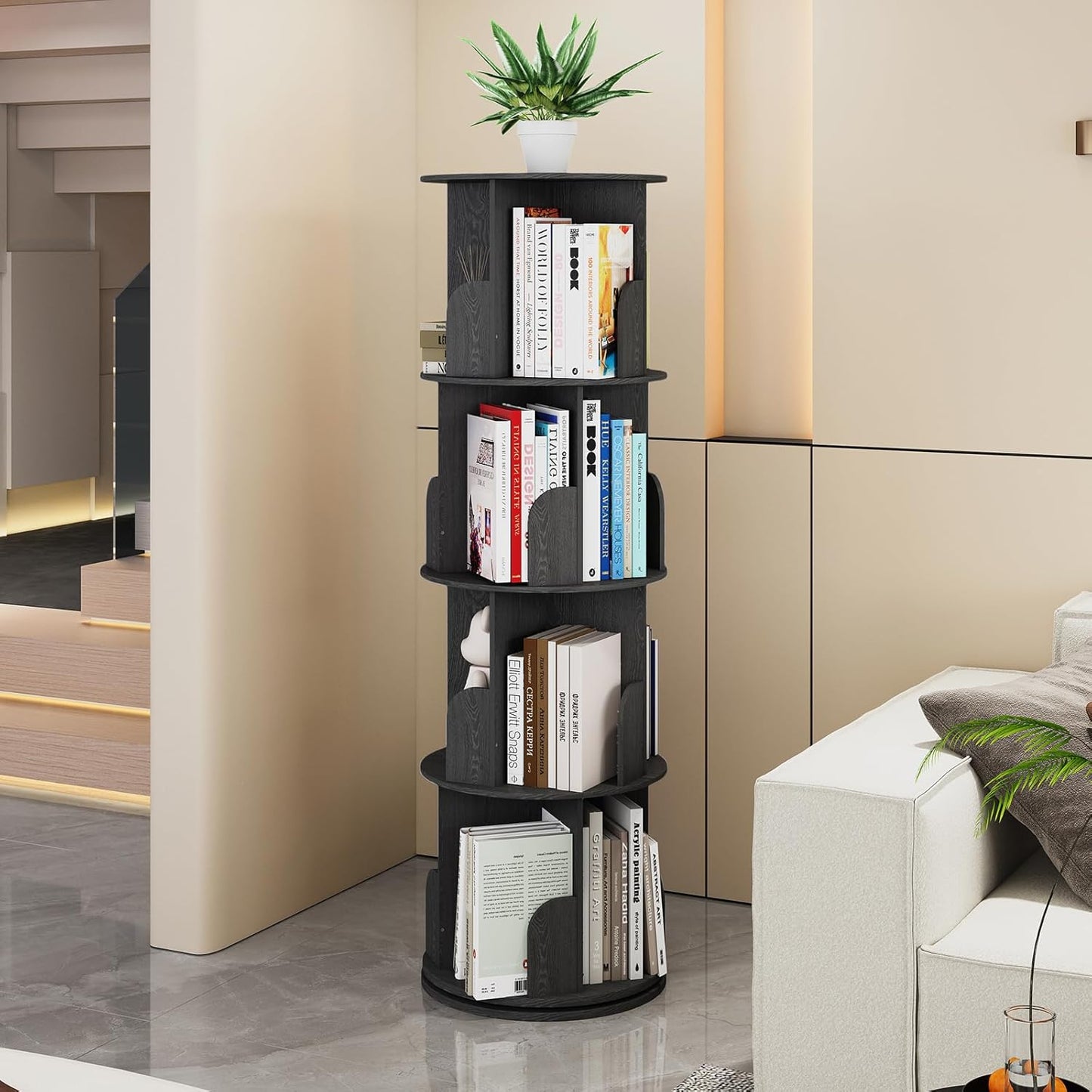 360°Rotating Bookshelf,4 Tier Corner Bookcase,Book Shelf,Floor Storage Wood Organizer for Sturdy,Home Office,Living Room,Bedroom,Kids Room