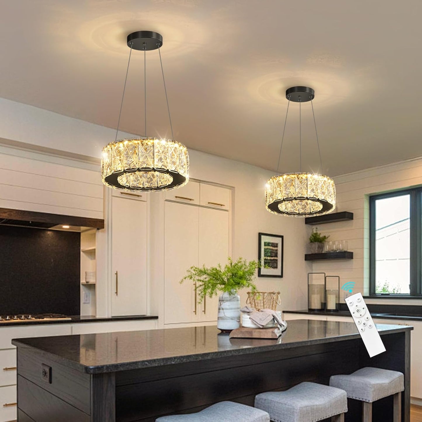 Modern Crystal Chandelier 8W Dimmable LED Crystal Pendant Light Fixtures Height Adjustable Round Chandeliers for Dining Room Hallway Bedroom Black