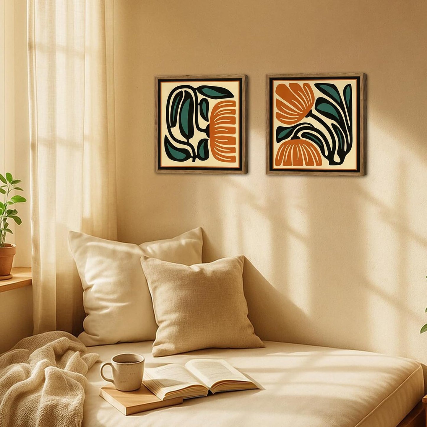 Mid Century Floral Wall Art Set of 2, Modern Square Abstract Botanical Wall Decor Picture, Vintage Boho Eclectic Plant Canvas Prints Paintings for Bedroom Living Room 16x16 inch Wood Framed