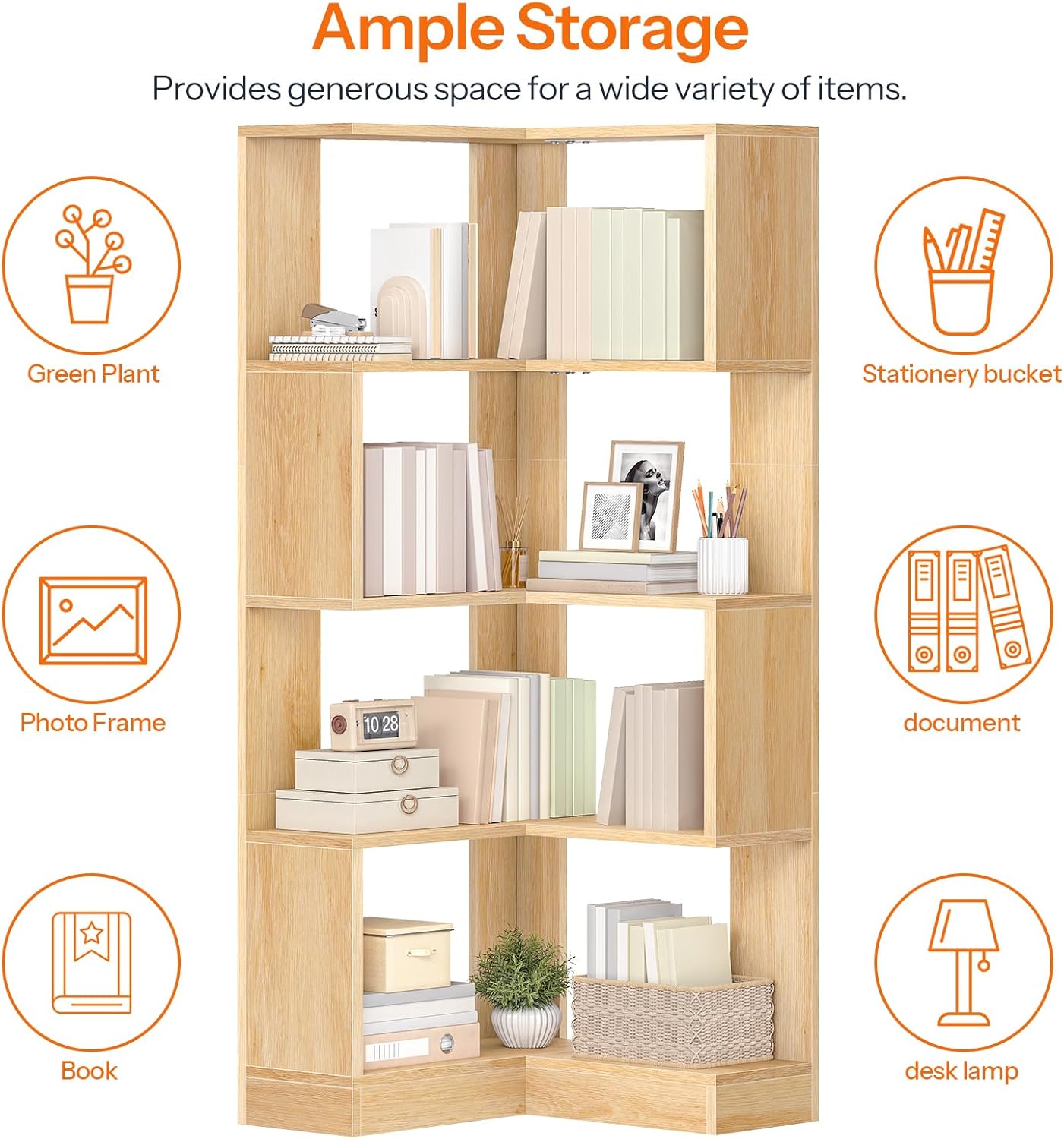HOOBRO 5-Tier Corner Bookshelf, L-Shaped Corner Bookshelf, 55.3'' Tall Wooden Bookcase with Baffle, Freestanding Display Rack, for Living Room, Home Office, Natural NL50SJ01