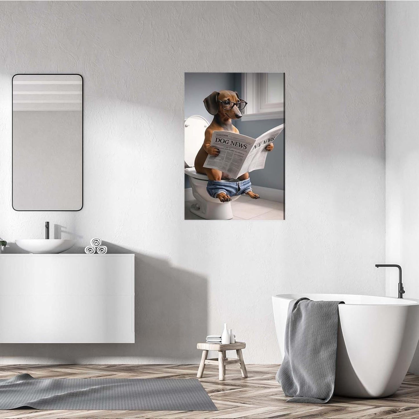 Funny dog in bathroom sitting on toilet reading newspaper funny bathroom wall decor animals in toilet dog gift ideas bathroom decor wall art prints bathroom posters canvas wall art for dog lovers