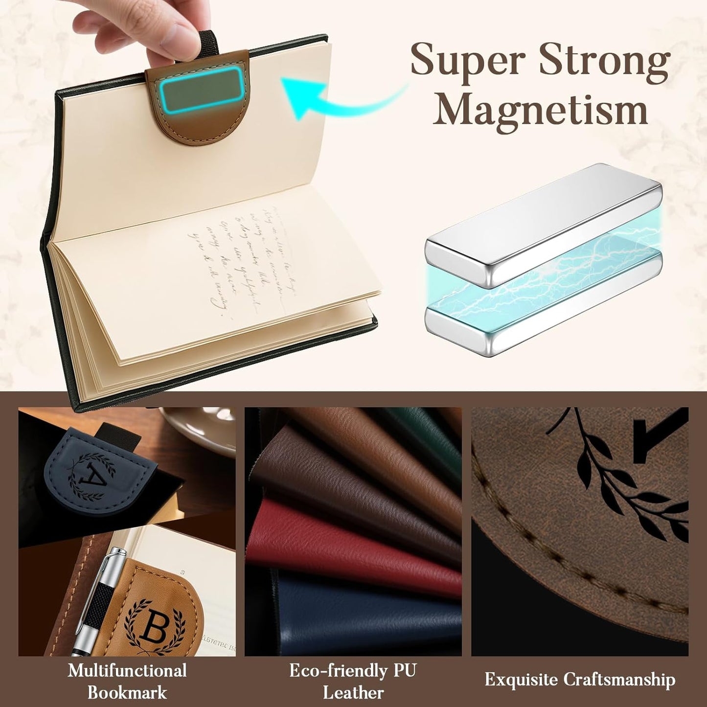 Personalized Bygone Mark Bookmark with Pen Holder,Engraving Leather Magnetic Bookmarks Vintage 26 Letters Name Initials Text Book Marker Clips Gifts for Reading Book Lovers Women (Blue, A)