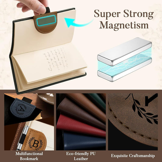 Personalized Bygone Mark Bookmark with Pen Holder,Engraving Leather Magnetic Bookmarks Vintage 26 Letters Name Initials Text Book Marker Clips Gifts for Reading Book Lovers Women (Blue, A)
