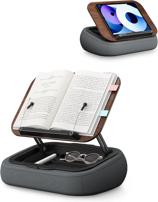 Adjustable Pillow Book Stand with Storage, Ergonomic Lap Beanbag Reading Pillow for Bed & Desk, Multi-Angle Book Stand Pillow Holder, Hands-Free Lap Reading Stand for Books, Tablets & iPad