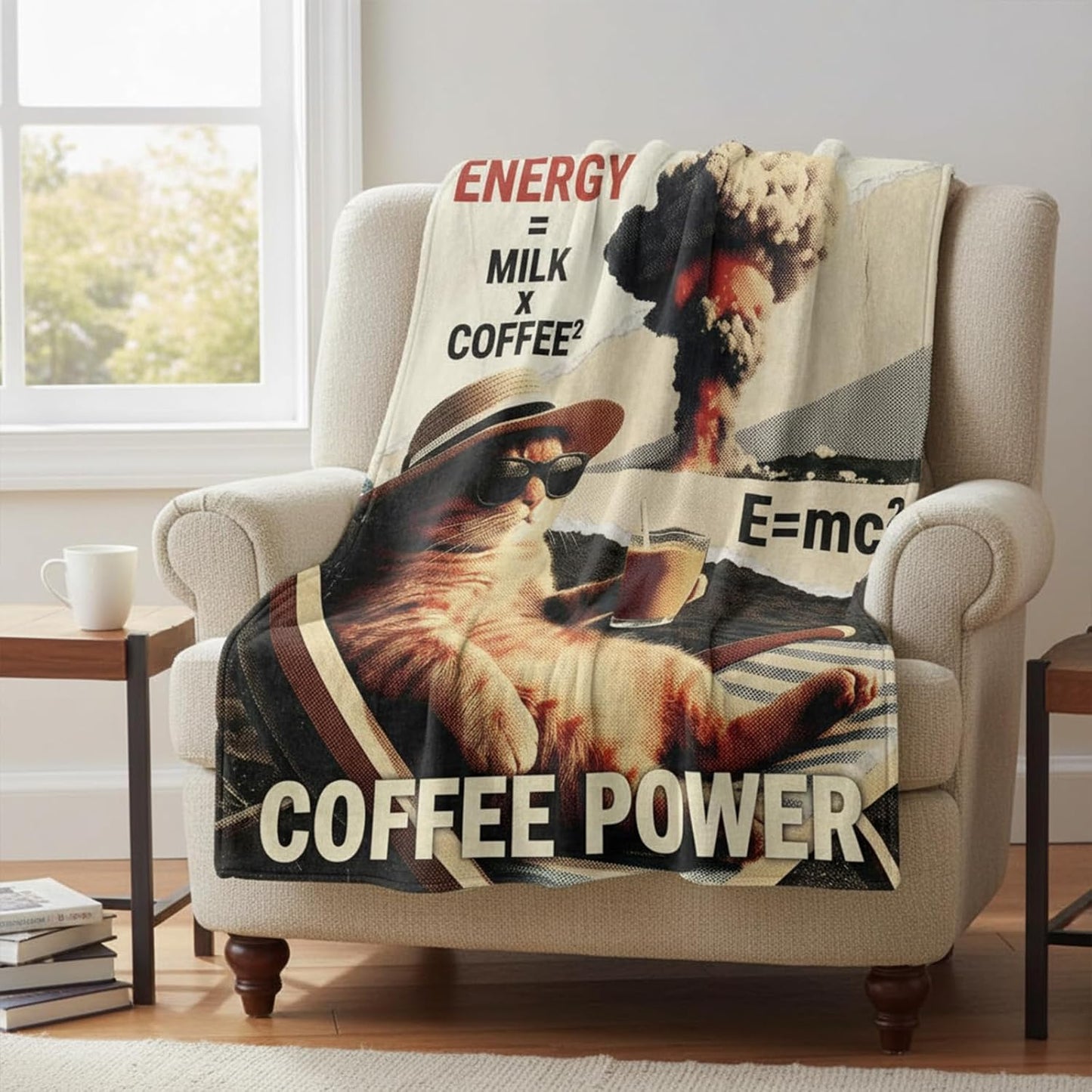 Lifeel Coffee Power Ginger Cat Throw Blanket, Funny Vintage Pop Quirky Caffeine Enthusiast Soft Cozy Flannel Blanket for Coffee Lovers Gife, 50×60 inch