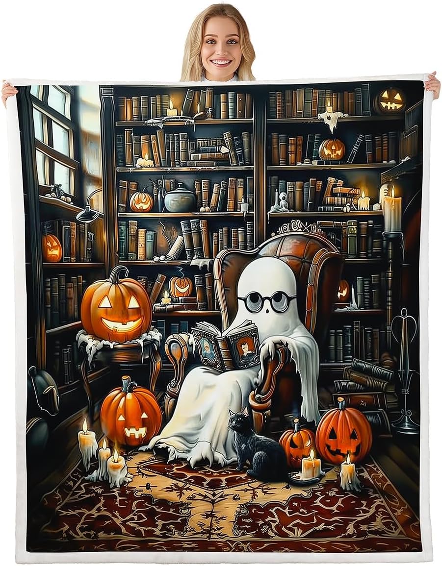 Manfei Reading Ghost Throw Blanket Cartoon Bookshelf Fleece Blanket Halloween Pumpkin Lantern Cozy Throws for Bed Couch Sofa,Kids Boys Girls Room Decor,Soft and Breathable(60 x 80 Inches)