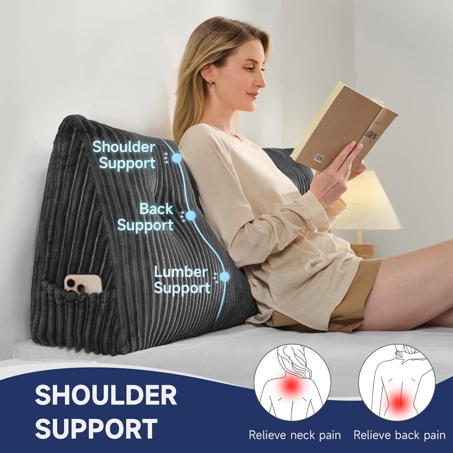 Z-hom King Headboard Pillow, Triangular Wedge Reading Pillow for Bed or Sofa, Ergonomic Backrest Cushion for Sitting Up, Reading or Relaxing, with Side Pocket，Removable Washable Cover,Grey