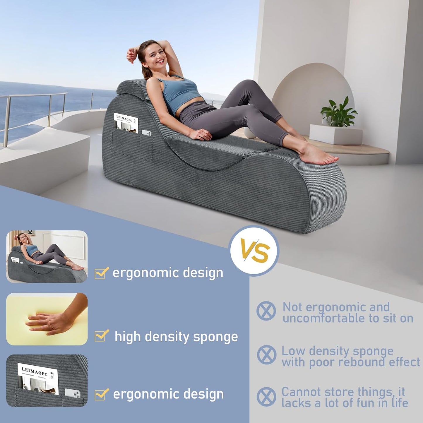 Yoga Chair Lounge for Adult, Ergonomic Chaise Lounge Chair with Side Pocket, Headrest, Waist Pad, Perfect for Stretching, Massage, and Relaxation, Used in Living Room, Bedroom（Dark Gray）