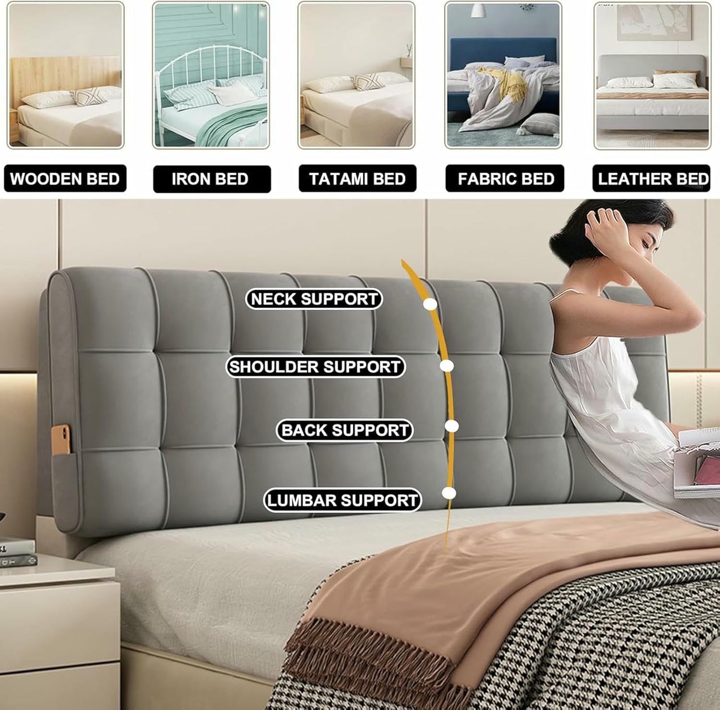 Gray1,Paste/53x23x4In,Headboard Pillow Wall Bed Upholstered Rectangle Reading Pillow,Wedge Pillowboard Large Headboard Support Cushion Bed Backrest Bedside Bolster