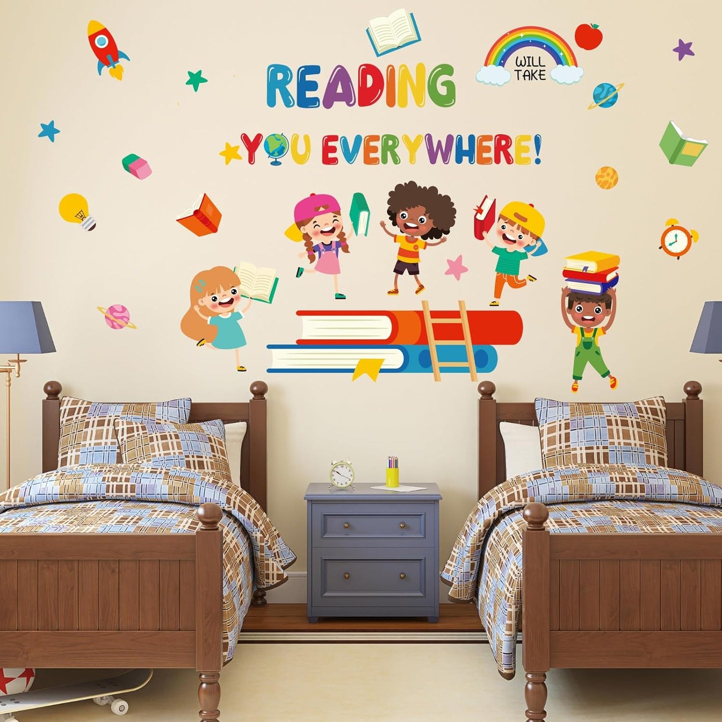 Reading Everywhere Wall Stickers - Inspirational Quotes Rainbow Book Wall Decals - Baby Nursery Kids Room Daycare Playroom Classroom Wall Decor (Read)