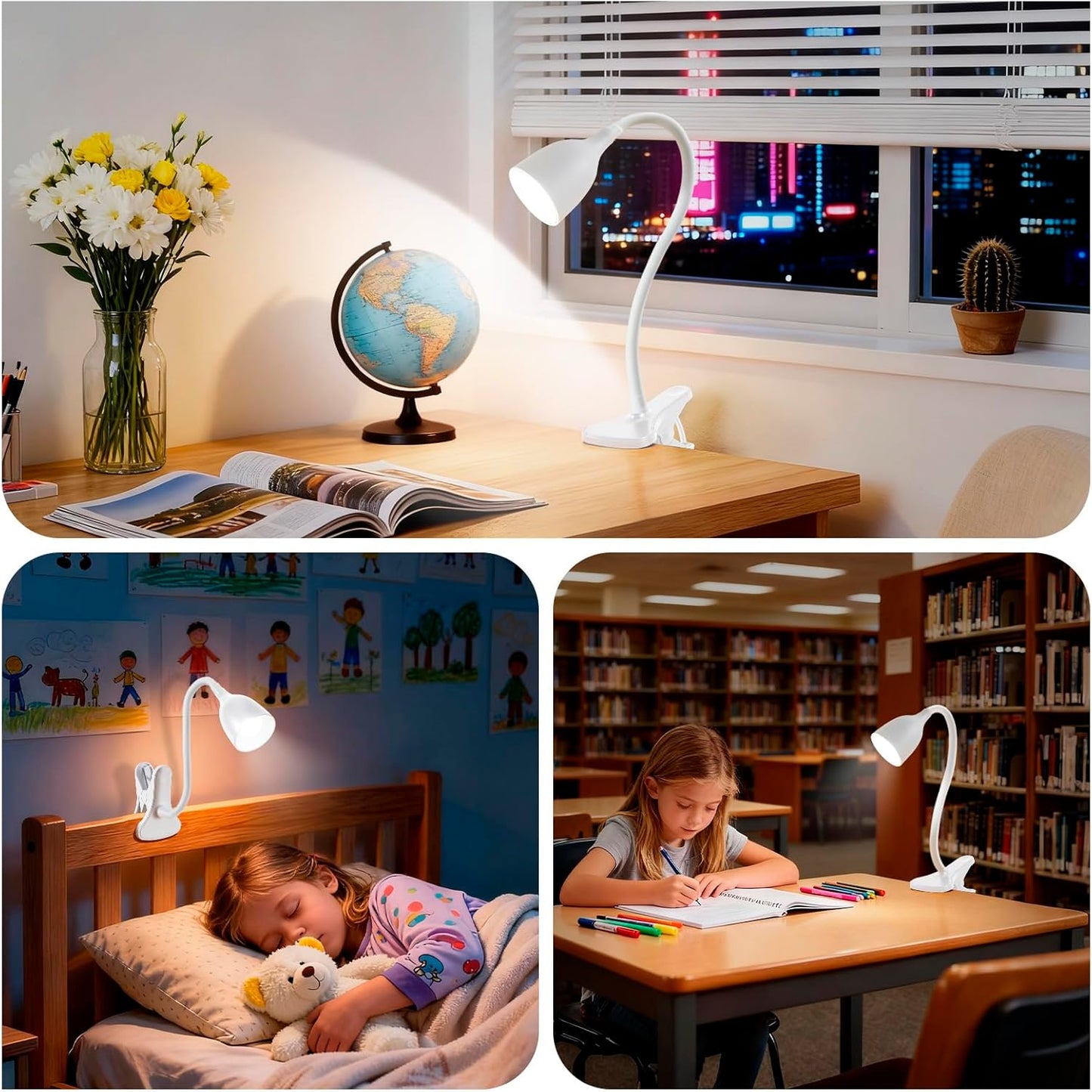 Desk Lamp for Home Office - Clip on Reading Light and Bed Headboard Clamp Lamp, Bedside Gooseneck Table Lamp, Clip on Desk Lamps, Eye-Caring Desk Lamp for College Dorm Room Study Lamp, White