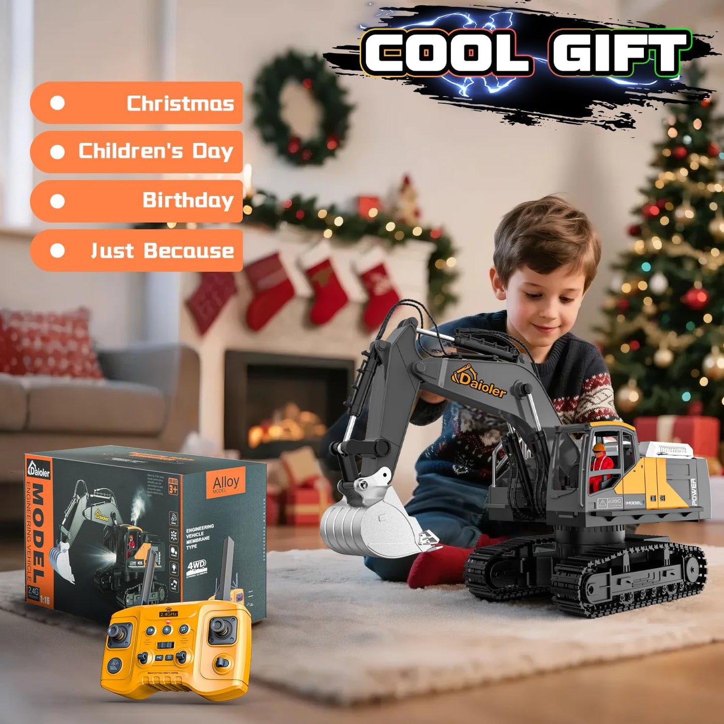 Remote Control Excavator Toy for Boys 3+, RC Construction Vehicle with Spray, Rechargeable Battery/680° Rotation/Metal Shovel/Light/Sound, RC Excavator Toy for Kid Digger Toys for Boy 3-5 4-7 8-12+