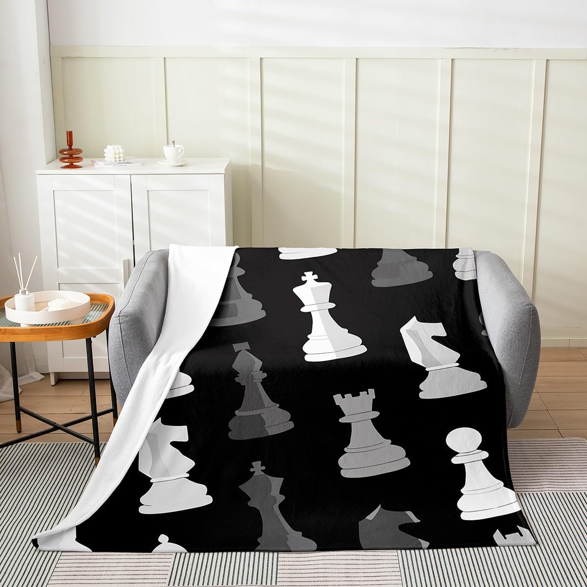 Feelyou Black White Grey International Chess All Season,Bed Blanket Set Chess Board Game Plush Throw Blanket, for Sofa Couch Kids Checkerboard Flannel Fleece Blanket Chess Lovers Throw 50"x60"