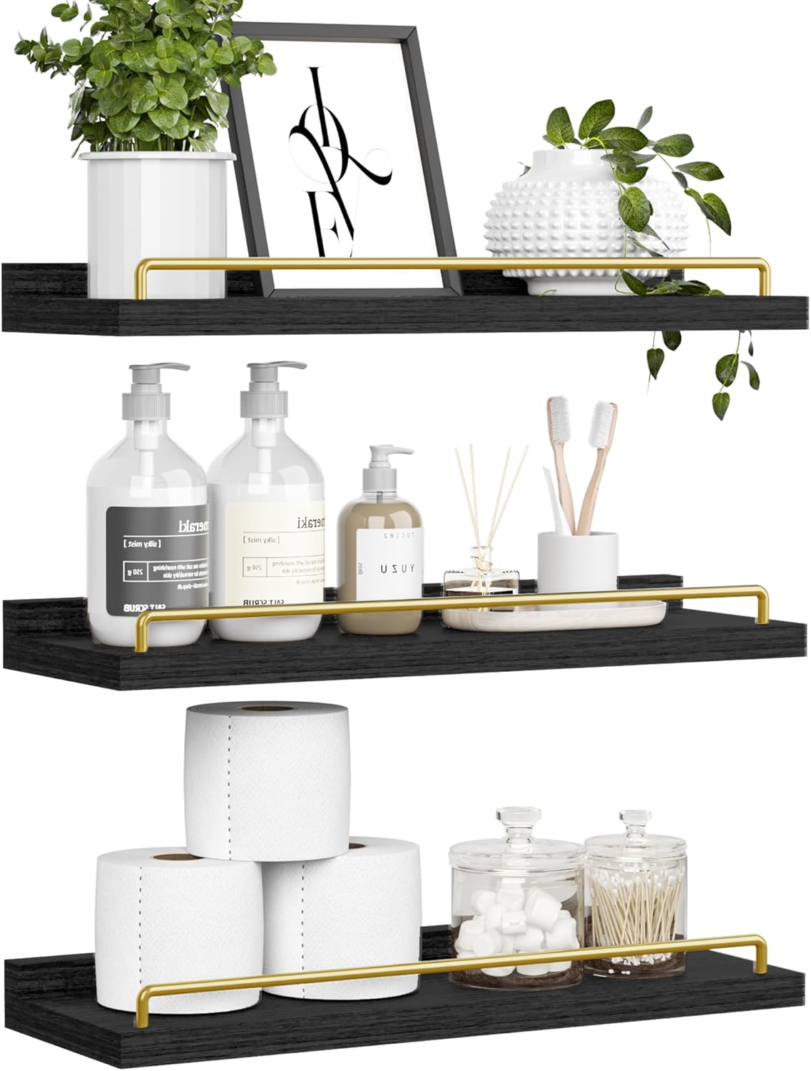 Floating Shelves for Wall Decor, Black and Gold Shelves for Bathroom, Living Room, Bedroom, Picture Frames, Plants, Kitchen (Set of 3)