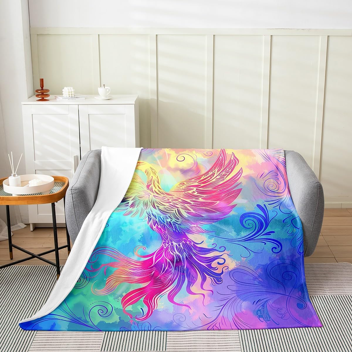 Erosebridal Phoenix Blanket Throw 50X60 Colorful Magic Bird Throw Blanket,Watercolor Tie Dye Fleece Blanket Western Gothic Bohemian Fuzzy Blanket Rainbow Geometric Stripes Bed Blanket