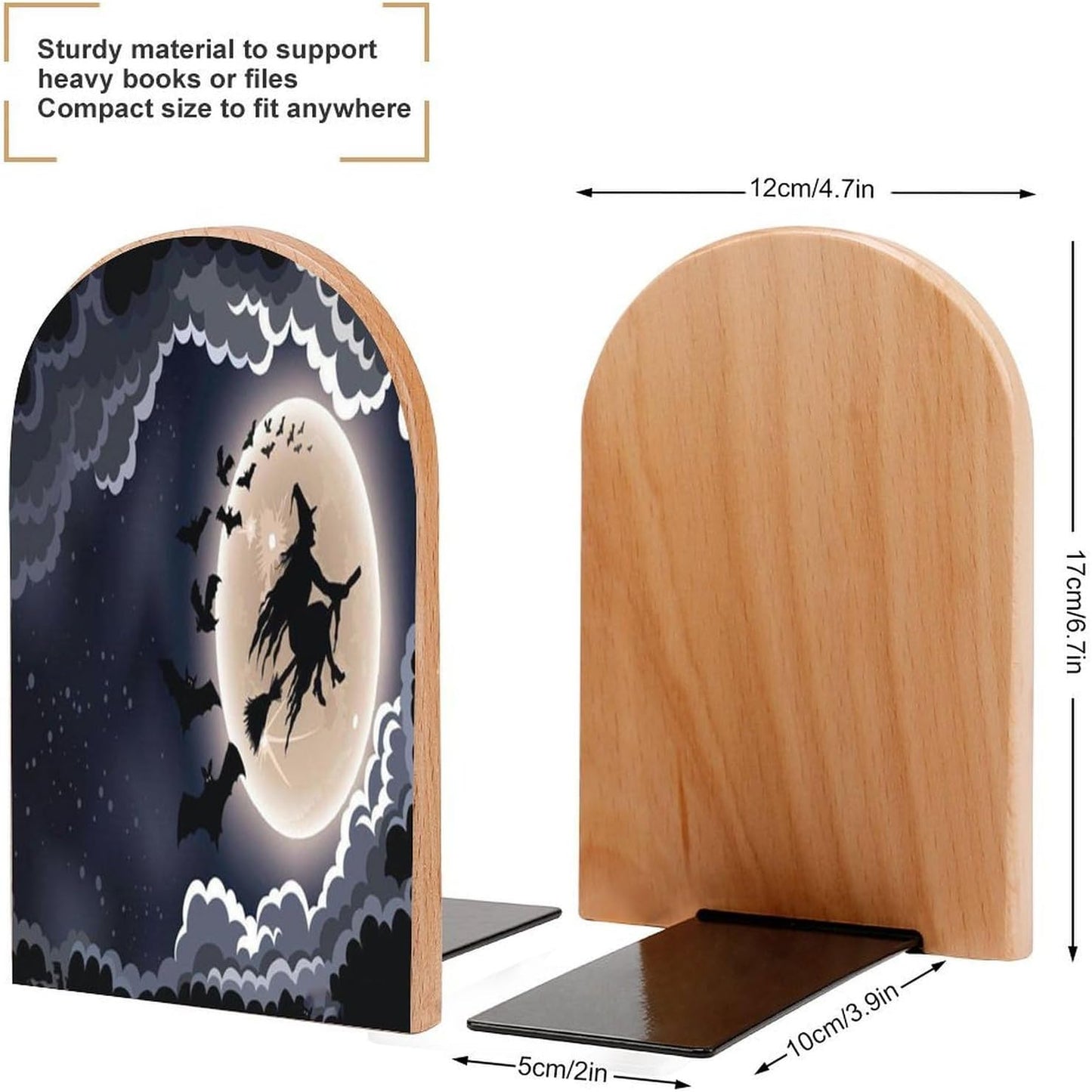 Halloween Flying Witch Wooden Bookend Non-Slip Book Ends Heavy Duty Book Stopper with Metal Base Books Holderd Decorative Bookends Stands Firmly for Office Supplies