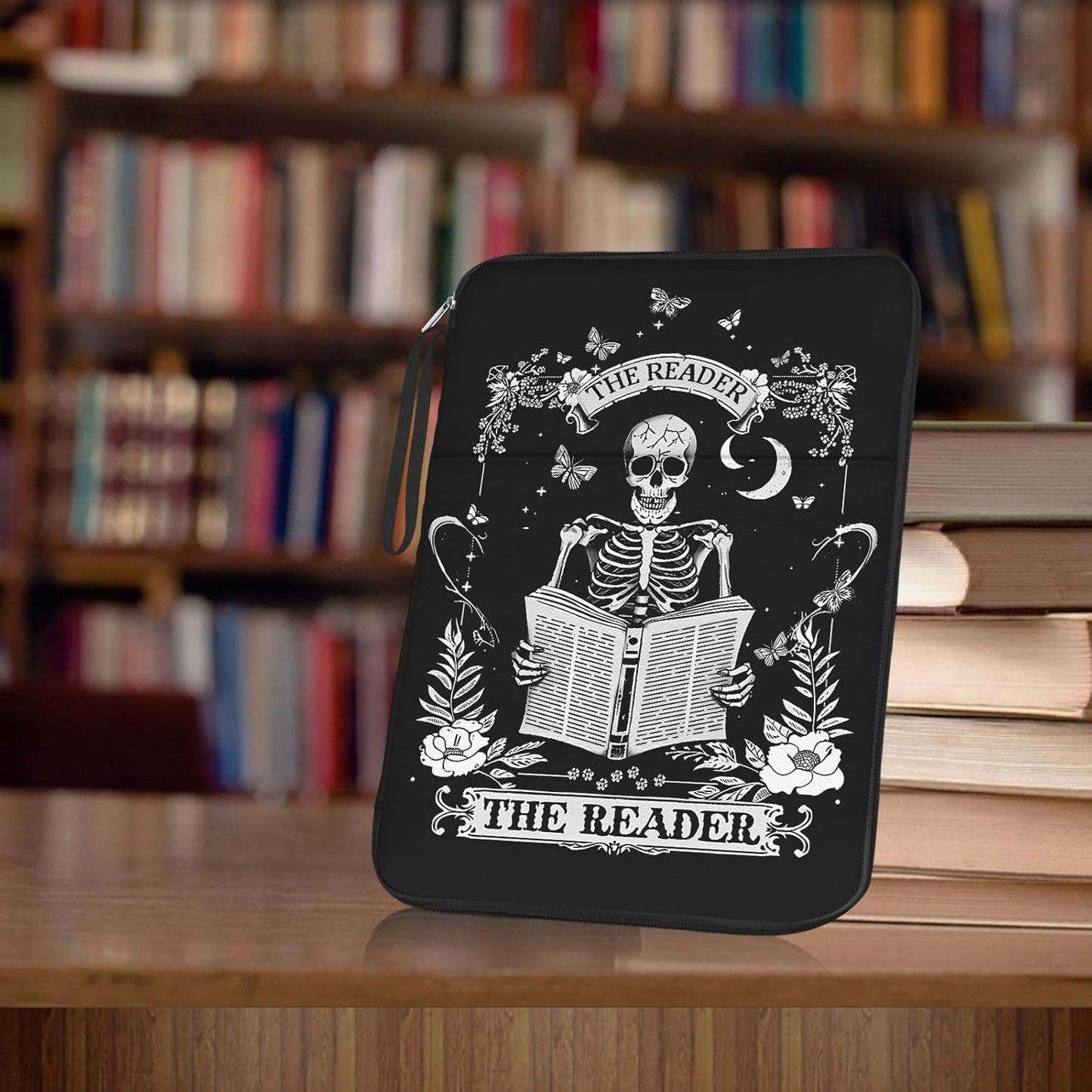 Book Sleeve Book Protector Pouch Case, Skull Book Sleeve with Zipper,Journal Book Sleeve Cover for Book Lovers Gifts, Gothic Skeleton Waterproof Book Club Gifts for Women Teacher Reader Librarian