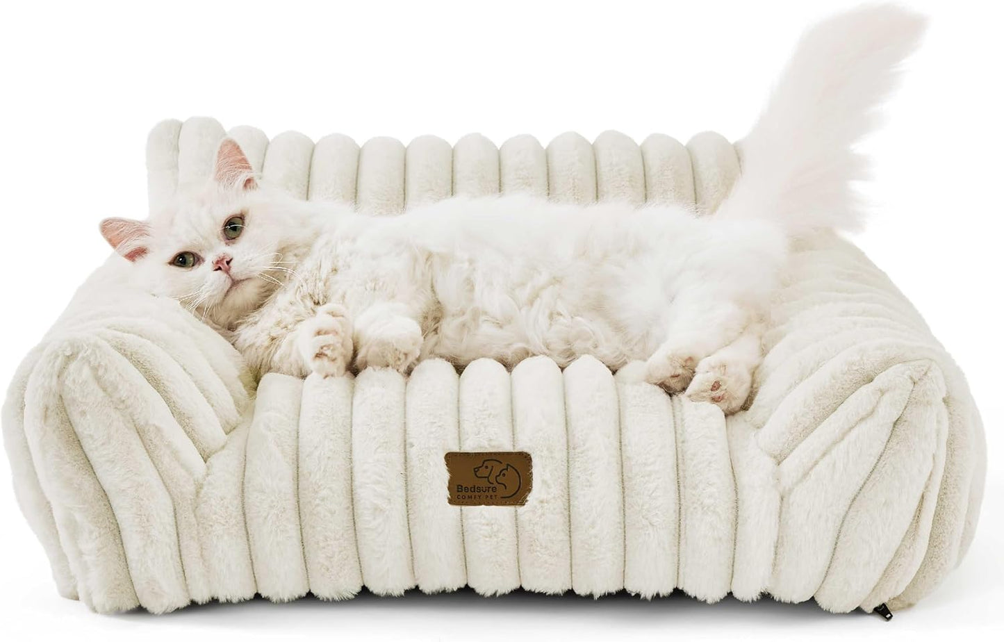 Bedsure ComfyFleece™ Cute Cat Couch for Pets - As Seen on TV on Good Day New York, Fuzzy Cats beds for Indoor Cats with Removable Washable Cover, Supportive Pet Sofa, 24inch, Cream