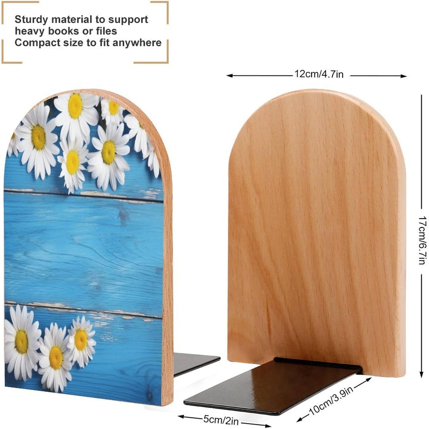 Daisy Flowers Blue Wooden Bookend for Shelves Wooden Book End Large Size Sturdy Book Holders Stoppers with Metal Base for Bookshelves Slick Decorative Bookends Stands