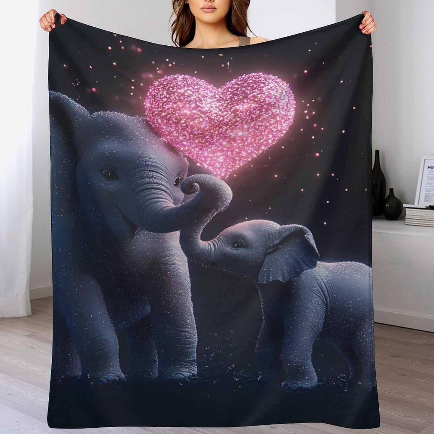Elephant Mom Love Heart Throw Blanket for Couch Bed Plush Cozy Fuzzy Flannel Blanket for All Season 66"x90"