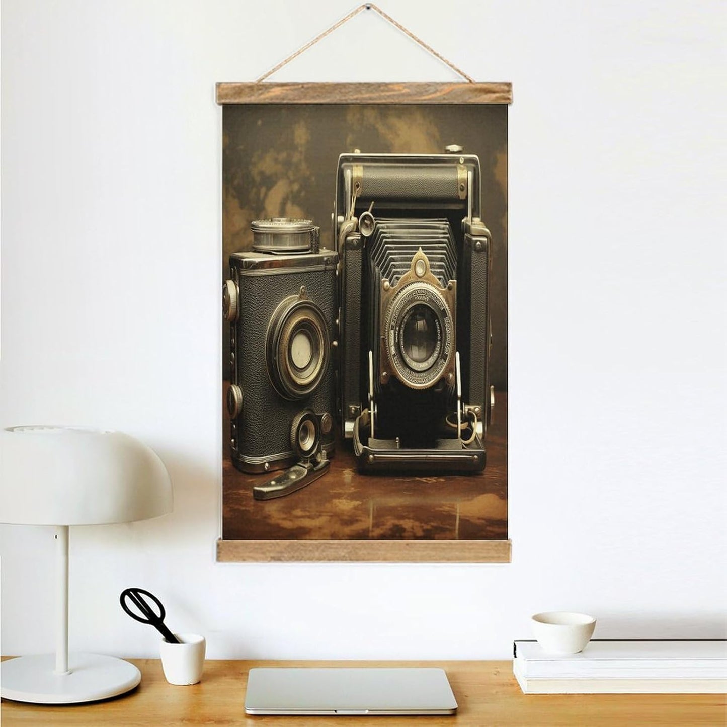 Vintage Old Camera Poster with Wooden Frame Personalized Linen Hanging Scroll Painting Rustic Wall Hanging Illustrative Modern Artwork Decor for Home Living Room Bedroom Office