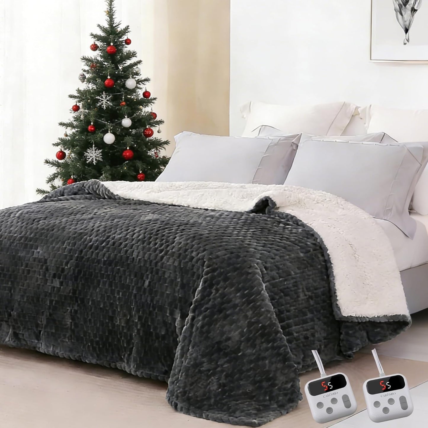 GarveeHome Heated Blanket Electric Blanket King Size 90 in x100 in, w/Dual Control,10 Heating Levels & 10 Hours Auto Shut Off, Cozy Soft Fleece Fast Heating Blankets Gift, Machine Washable, Grey