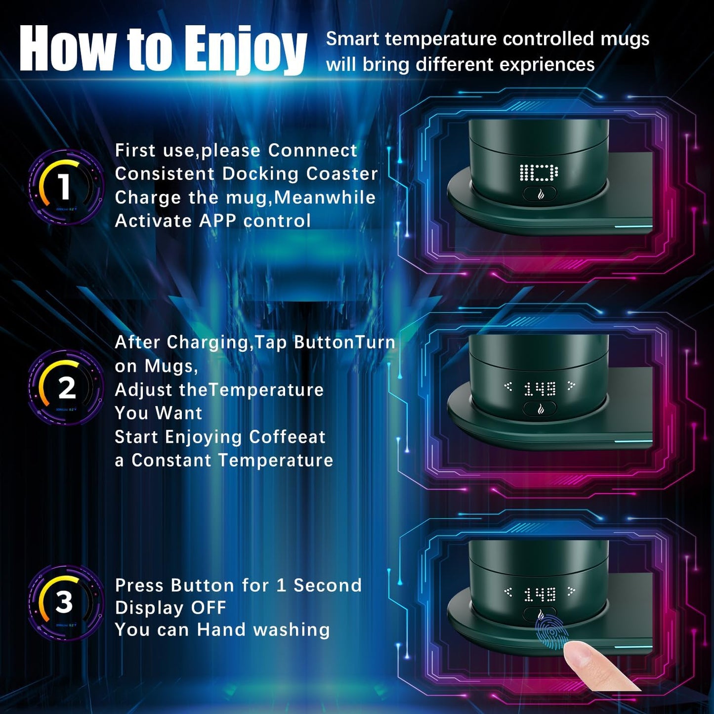 Smart Self Heating Coffee Mug 18 Oz Temperature Control Heated Coffee Mug App Controlled Warmer Mug 5-10 Hour LED Display Keep Coffee Hot All Day Fast Wireless Charger Base Jade Green