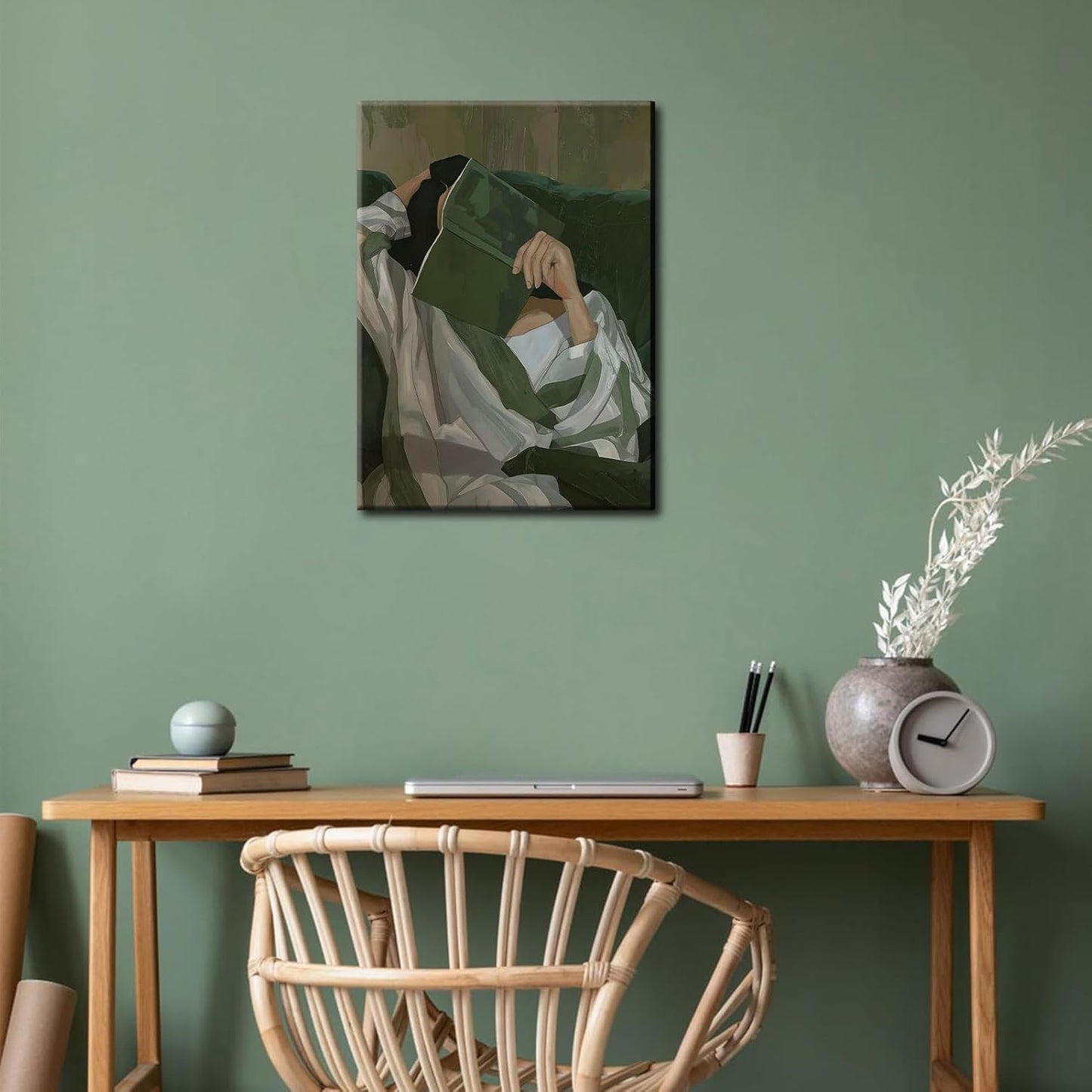 Emerald Green Reading Woman Canvas Wall Art Abstract Cozy People Wall Decor Pictures Minimalist Green Feminine Aesthetic Poster Print for Bedroom Living Room Home Decoration 16x24in