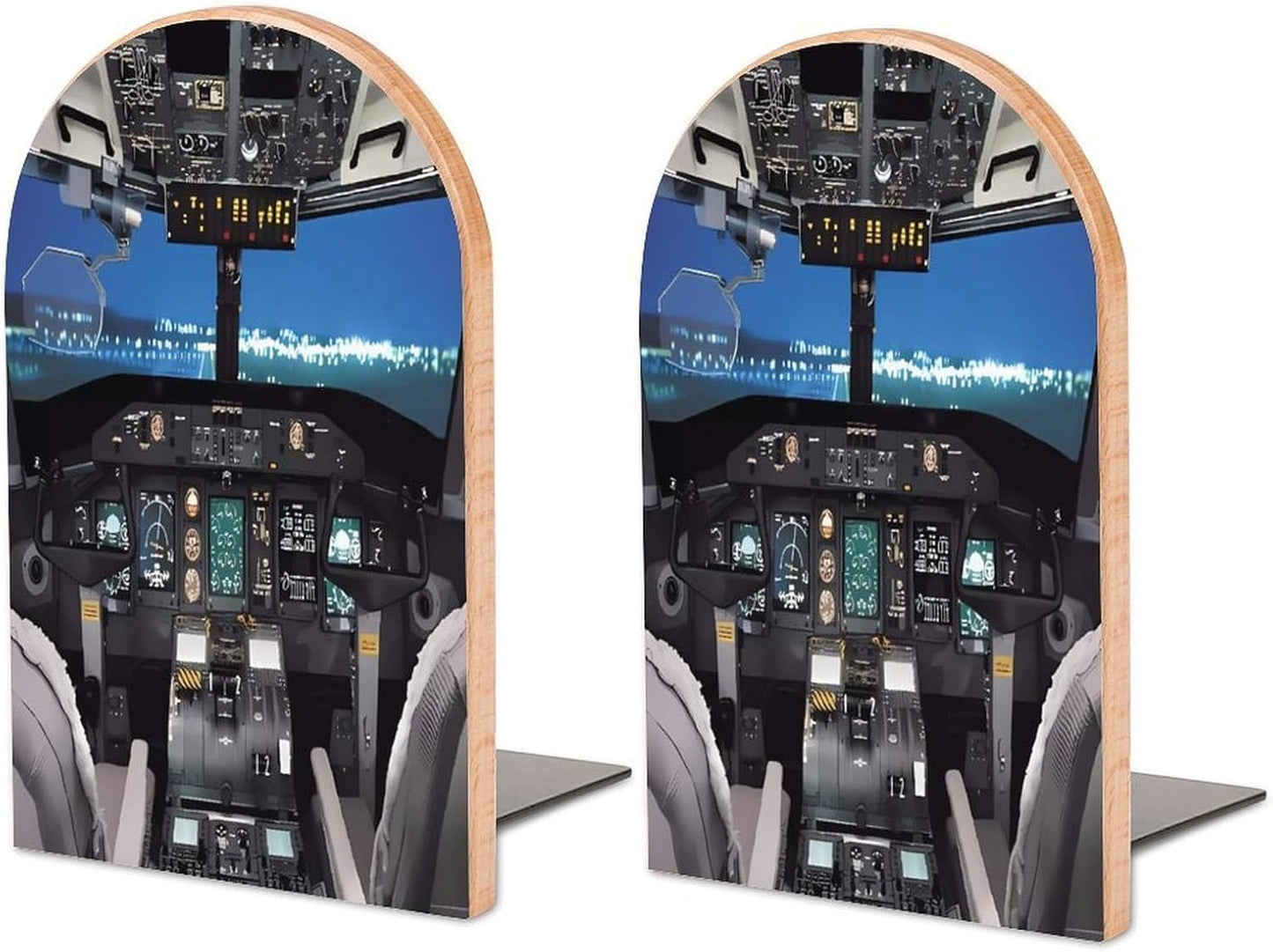 Airplane Cockpit Wooden Bookend Non-Slip Book Ends Heavy Duty Book Stopper with Metal Base Books Holderd Decorative Bookends Stands Firmly for Office Supplies