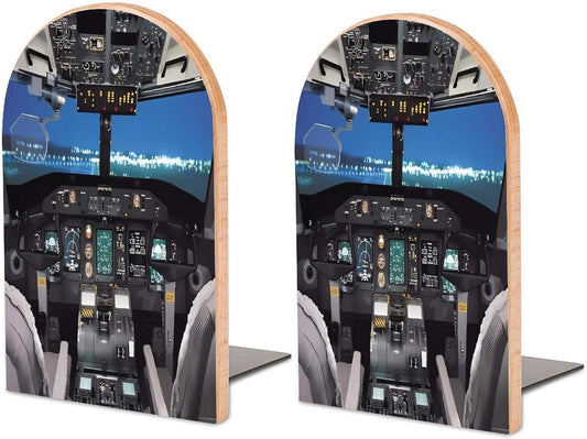 Airplane Cockpit Wooden Bookend Non-Slip Book Ends Heavy Duty Book Stopper with Metal Base Books Holderd Decorative Bookends Stands Firmly for Office Supplies