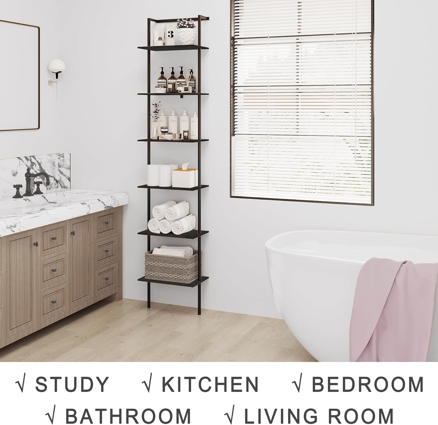 6-Tier Ladder Shelf, 77 Inches Wall Mounted Ladder Bookshelf with Metal Frame, Wood Tall Open Storage Rack and Display Shelves for Home Office Bedroom Living Room, Black