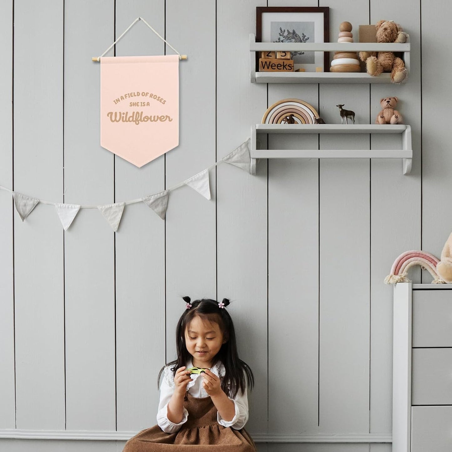 Pink Girls Banner Canvas, Inspirational Girly Kids Room Decor, She Is A Wildflower Pennant Flag Sign Hanging, Nursery Boho Wall Art Gifts for Toddler Room Playroom Baby Shower Decor 11x15in
