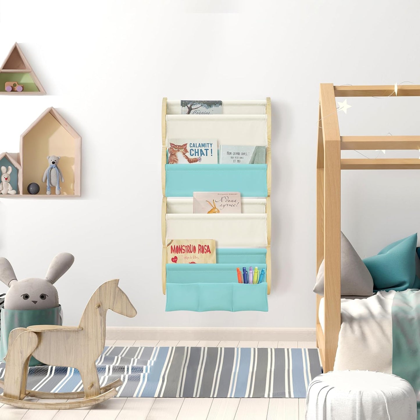 Wooden Wall Mounted Bookshelf for Kids Rooms, 4 Tier Floating Nursery Book Shelf, Kids Bookshelf with 2 Pockets, Toddler Sling Book Rack with Deep Sleeves (Blue)