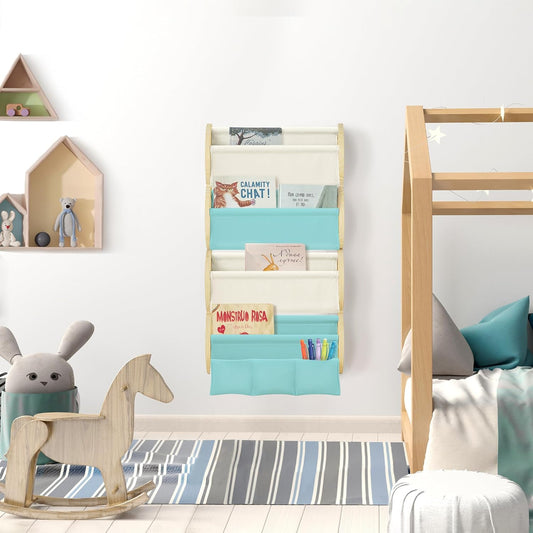 Wooden Wall Mounted Bookshelf for Kids Rooms, 4 Tier Floating Nursery Book Shelf, Kids Bookshelf with 2 Pockets, Toddler Sling Book Rack with Deep Sleeves (Blue)