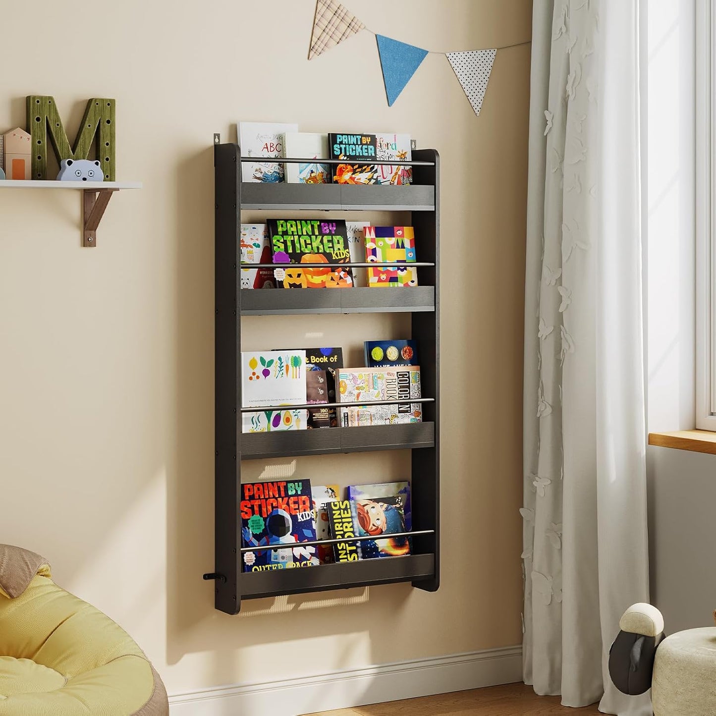 Kids Bookshelf, 4-Tier Wall Mount Bookshelf for Kids, Behind The Door Bookshelf, Hanging Book Shelf for Kids Room, Playroom, Bedroom, Living Room, Black KBBK7601