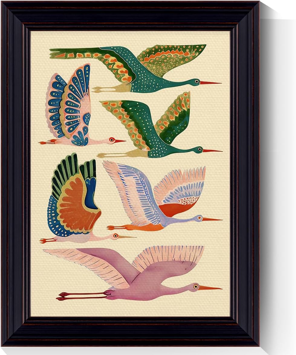 Framed Birds Dopamine Canvas Wall Art, Big Birds In Flight Aesthetic Poster, Trendy Colorful Animal Pattern Print for Girls Room, Nursery Quirky Animal Picture Wall Decor 8x10in