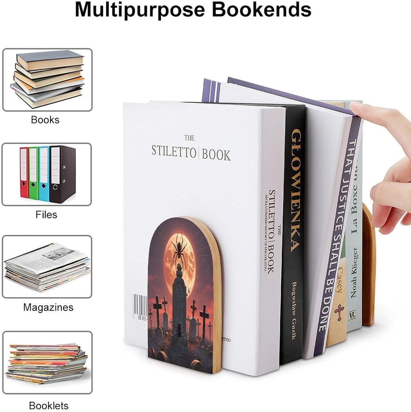 Spider Graveyard Bookends 1 Pair Heavy Duty Book Ends for Shelves Non-Skid Bookend Supports Wooden Book Holders with Metal Base Desk Organizers Books Storage to Hold Books