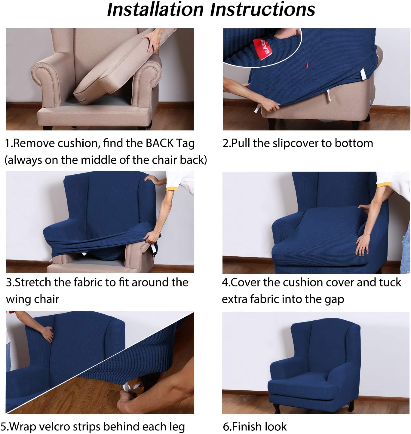 Turquoize Wingback Chair Covers 2 Piece Wing Chair Slipcover Stretch Slipcovers for Wingback Chairs Wing Chair Cover Spandex Jacquard Fabric with Elastic Bottom Non-Slip Furniture Cover, Navy
