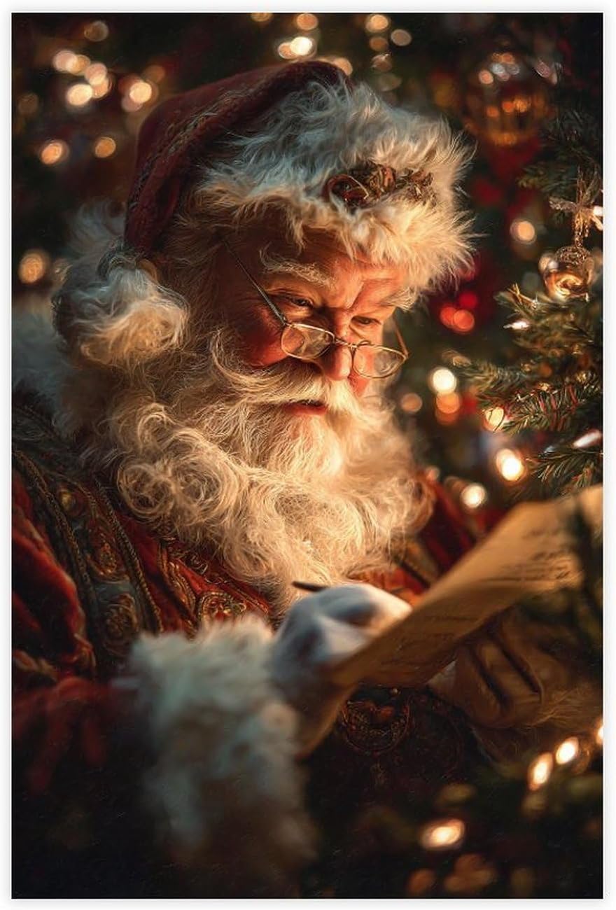 UZWGG 1pcs Frameless Vintage Santa Picture Prints Wall Art Santa Claus Reading Book Painting for Wall Decor Christmas Poster Xmas Decorations Nostalgic Xmas Gifts Canvas Roll16x24inch(40x60cm)