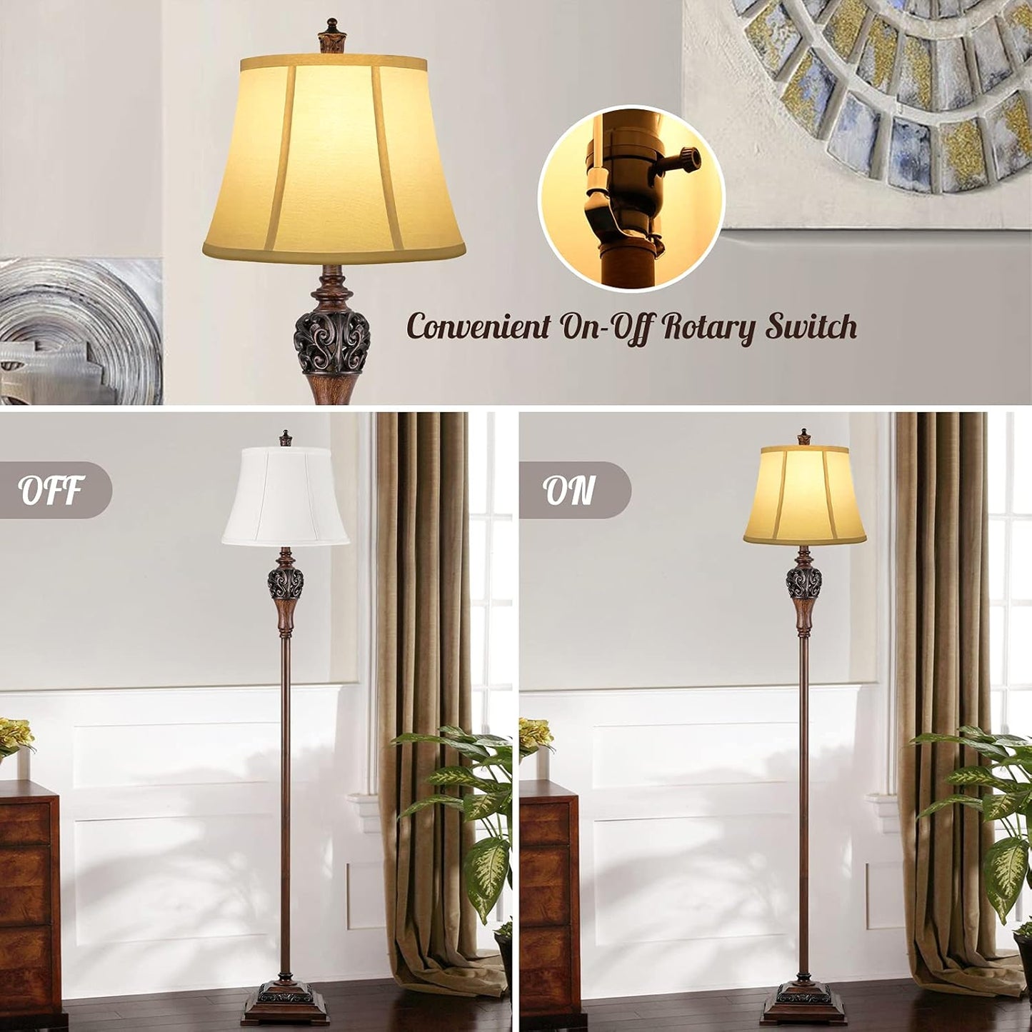 Sucolite Vintage Floor Lamp for Living Room, Traditional Farmhouse Tall Standing Lamp, Mid-Century Antique Pole Lamp for Bedroom Reading with White Fabric Shade, Rustic Bright Lighting Home Decor