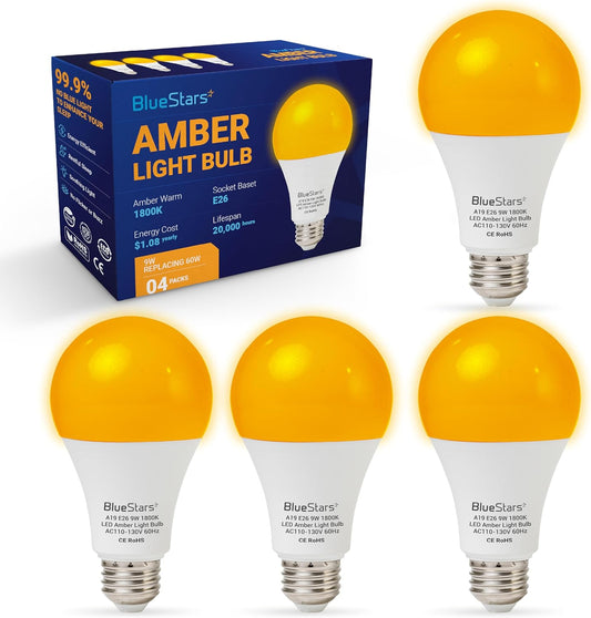 BlueStars Amber Sleep Light Bulbs Blue Light Blocking A19 9W (60 Watt Equivalent) 1800K Warm Lighting with E26 Base - Amber Soft Light Bulb for Restful Sleep Bedroom Kids Room Reading - 4 Packs