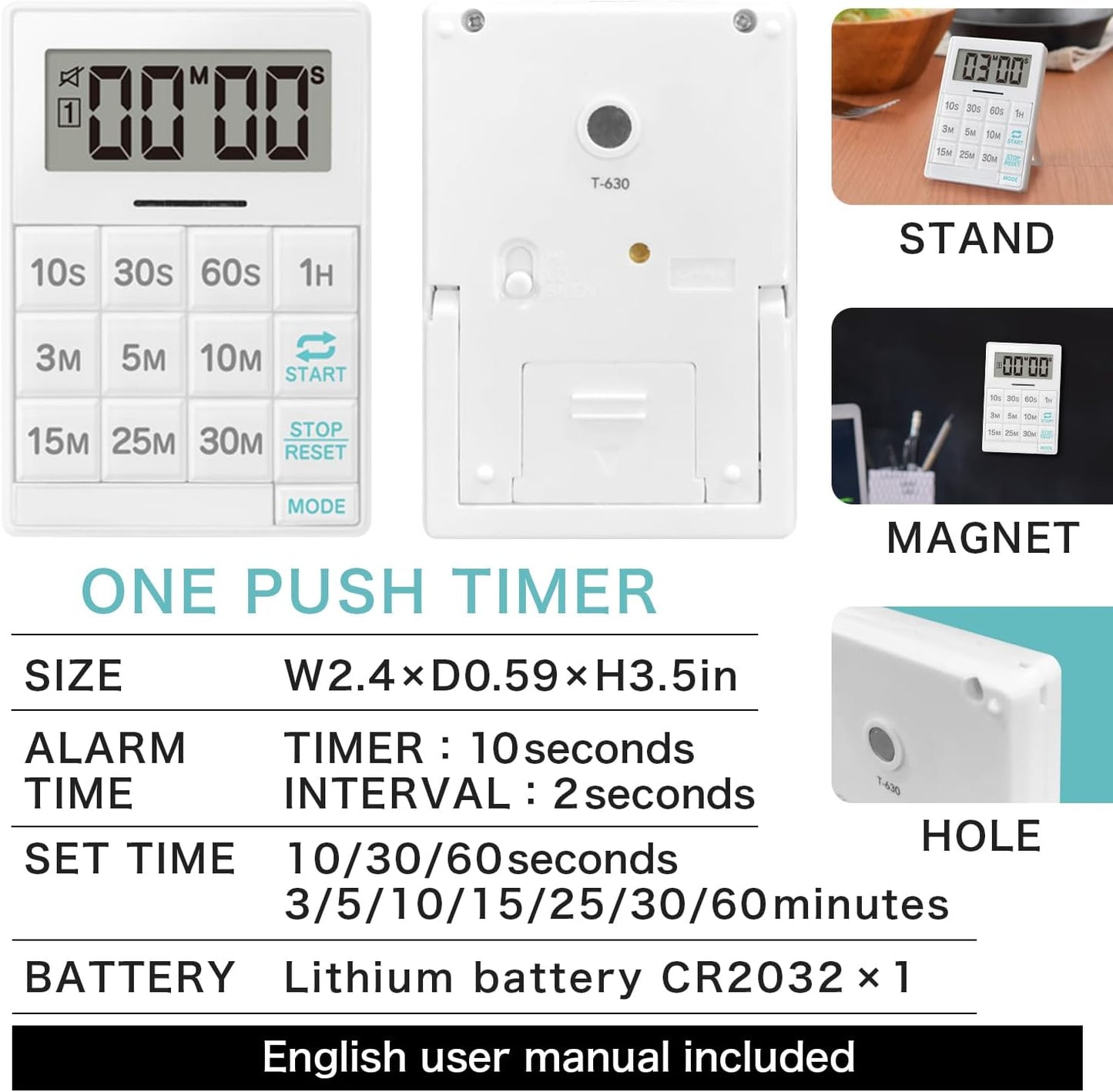 dretec One-Push Timer, Just Press, Easy, Time Saving, Interval, Silent, Kitchen Timer, Digital, Magnet, Stand, Light, Study, Muscle Training, Sports, White