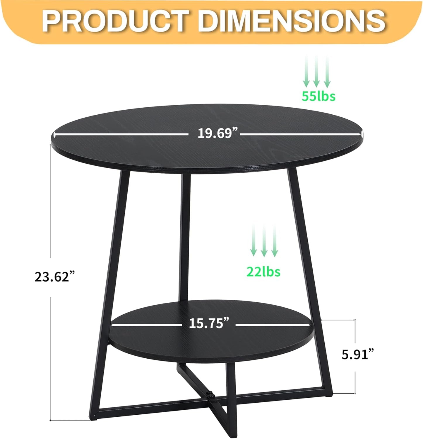 D&H FURNIMMT 작은 공간을 위한 50.8cm(20인치) 거실 사이드 테이블, 보관 선반이 있는 2단 목재 탑 라운드 엔드 테이블, 침실, 사무실, 일광실, 발코니용 액센트 소파 테이블, 블랙