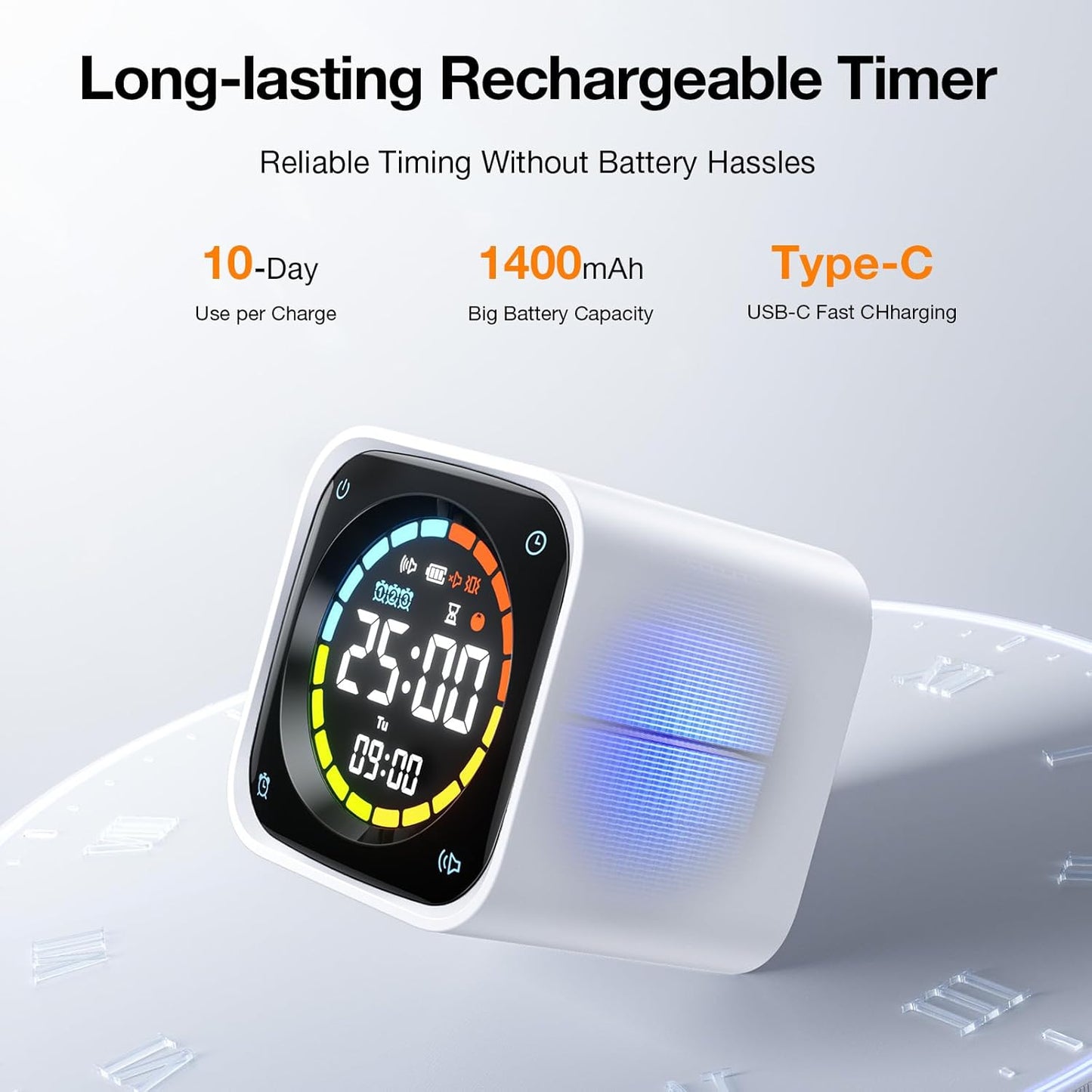 TK3 Pomodoro Timer Cube, Productivity Timer, 5/10/30/60 Min Presets, Custom Countdown, Stopwatch & Clock, Triple Alarms, Silent/Vibration/Sound Alerts, Rechargeable for ADHD Study Task, White