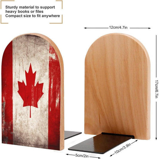 Retro Canada Flag Bookend for Shelves Wooden Book End Large Size Sturdy Book Holders Stoppers with Metal Base for Bookshelves Slick Decorative Bookends Stands