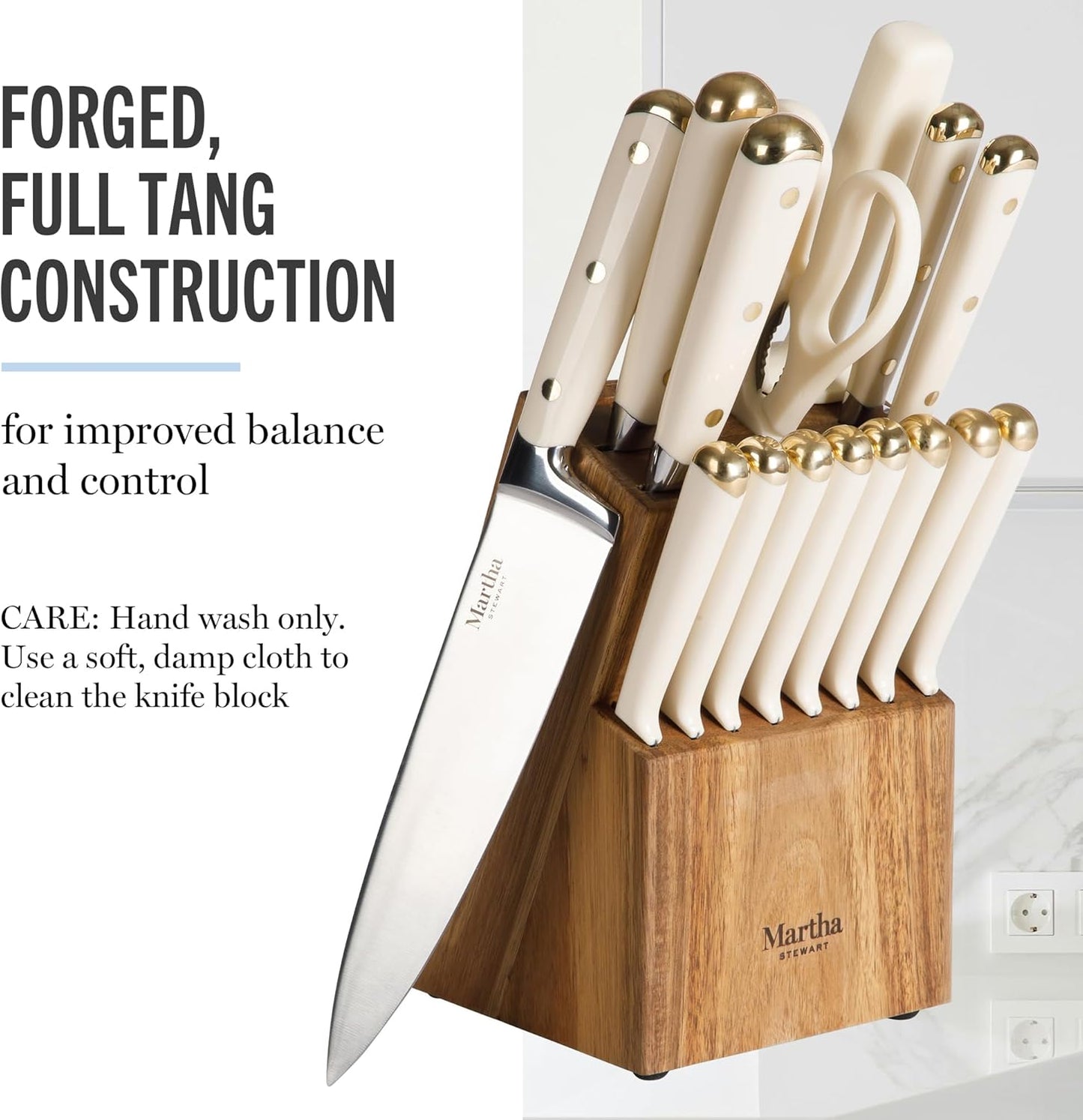 Martha Stewart 16 Piece Lockton High Carbon Stainless Steel Cutlery Kitchen Knife Block Set W/ABS Triple Riveted Forged Handle Acacia Wood Block - Linen White W/Gold