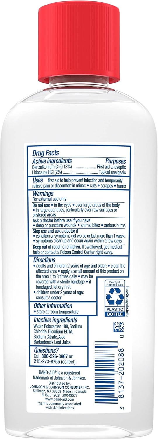 Band-Aid Brand Antiseptic Cleansing Liquid, First Aid Antiseptic Wash Relieves Pain & Kills Germs, with Benzalkonium Cl Wound Antiseptic & Lidocaine HCl Topical Analgesic, 6 fl. oz